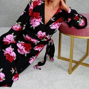 Lulus Romantic Blooms Black Floral Print Midi Wrap Dress - Size X-Small